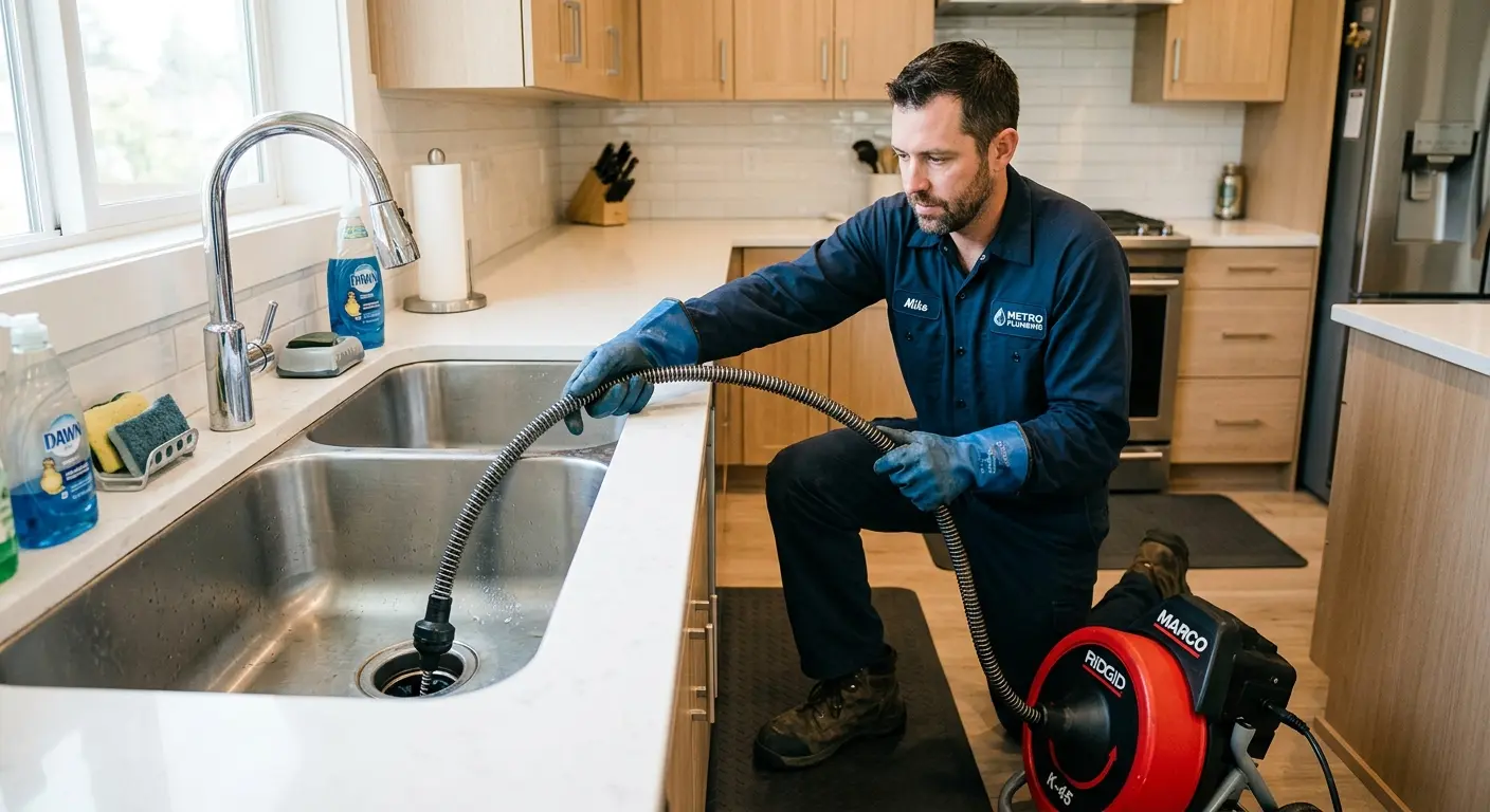Drain cleaning technician using a motorized snake on a kitchen sink in Sinton