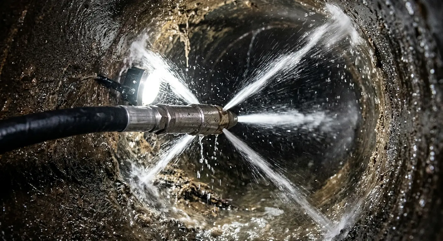 High-pressure hydro jetting nozzle cleaning sewer pipe for Emergency Drain Service in Sinton