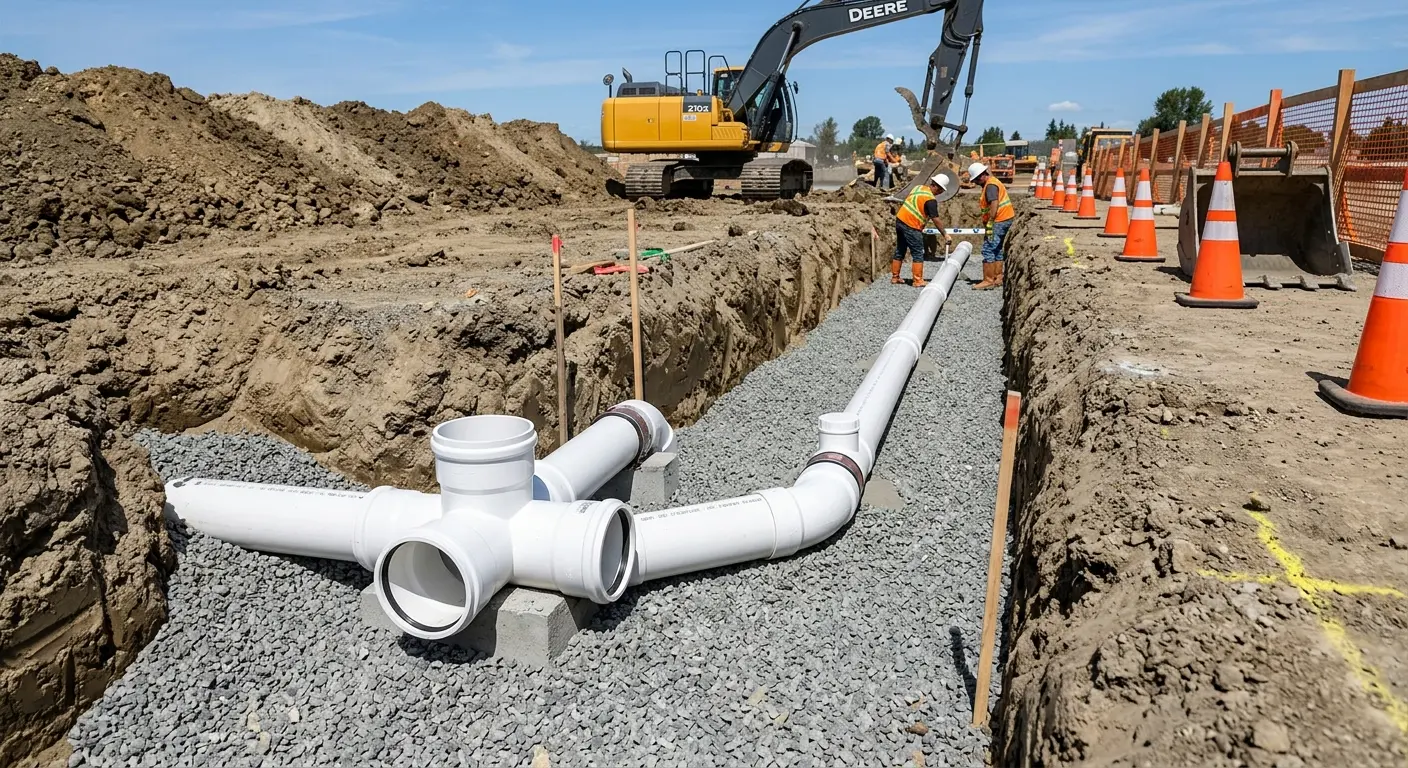 New PVC sewer pipe installation in open trench for Commercial Drain Cleaning in Sinton