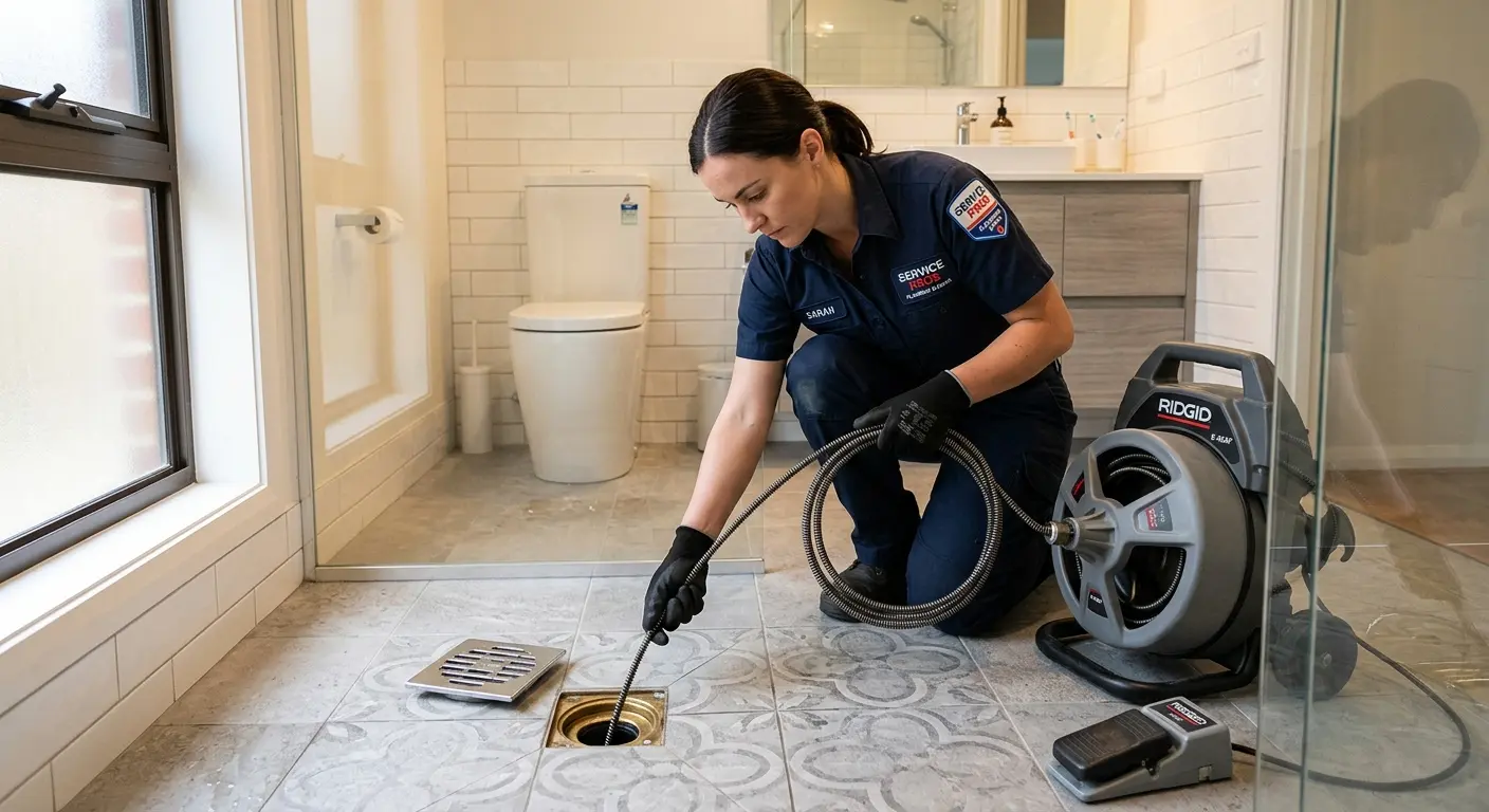 Technician clearing a bathroom floor drain for Clogged Drain Repair in Sinton